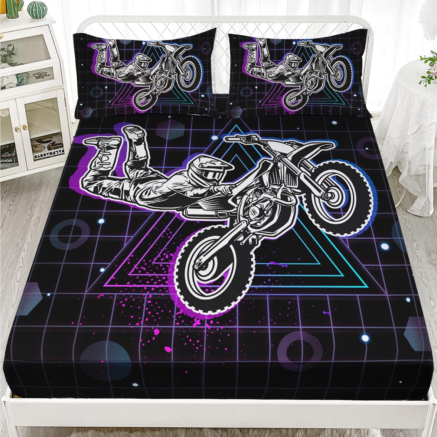 HOSIMA Motorcycle Racer Fitted Sheet Extreme Sports Theme Bedding Sets for Kids Teens Men Room Decor,Dirt Bike Motorbike Twin Bedding Set Purple Line Grid Black Fitted Sheet with 2 Pillowcases.