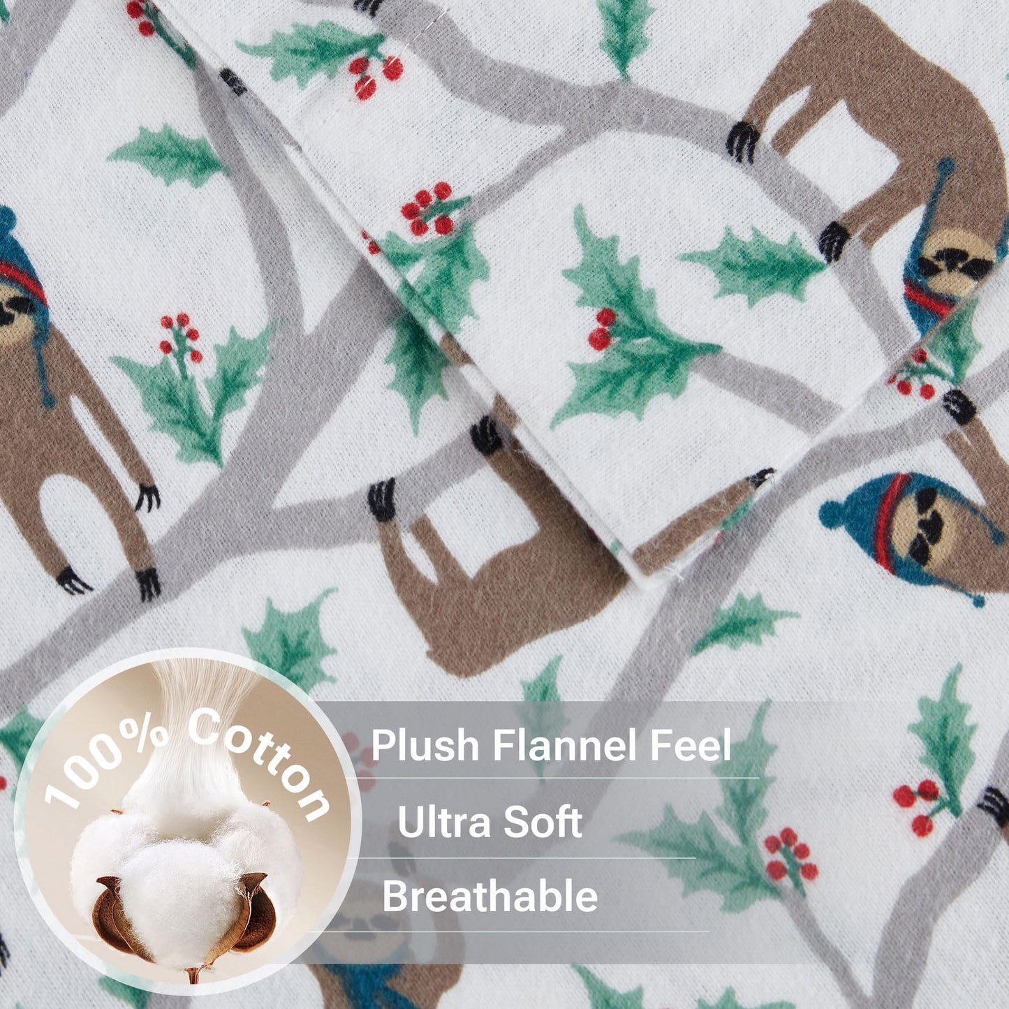 True North by Sleep Philosophy Cozy Flannel Warm 100% Cotton Sheet - Novelty Print Animals Stars Cute Ultra Soft Cold Weather Bedding Set, Queen, Multi Sloth 4 Piece