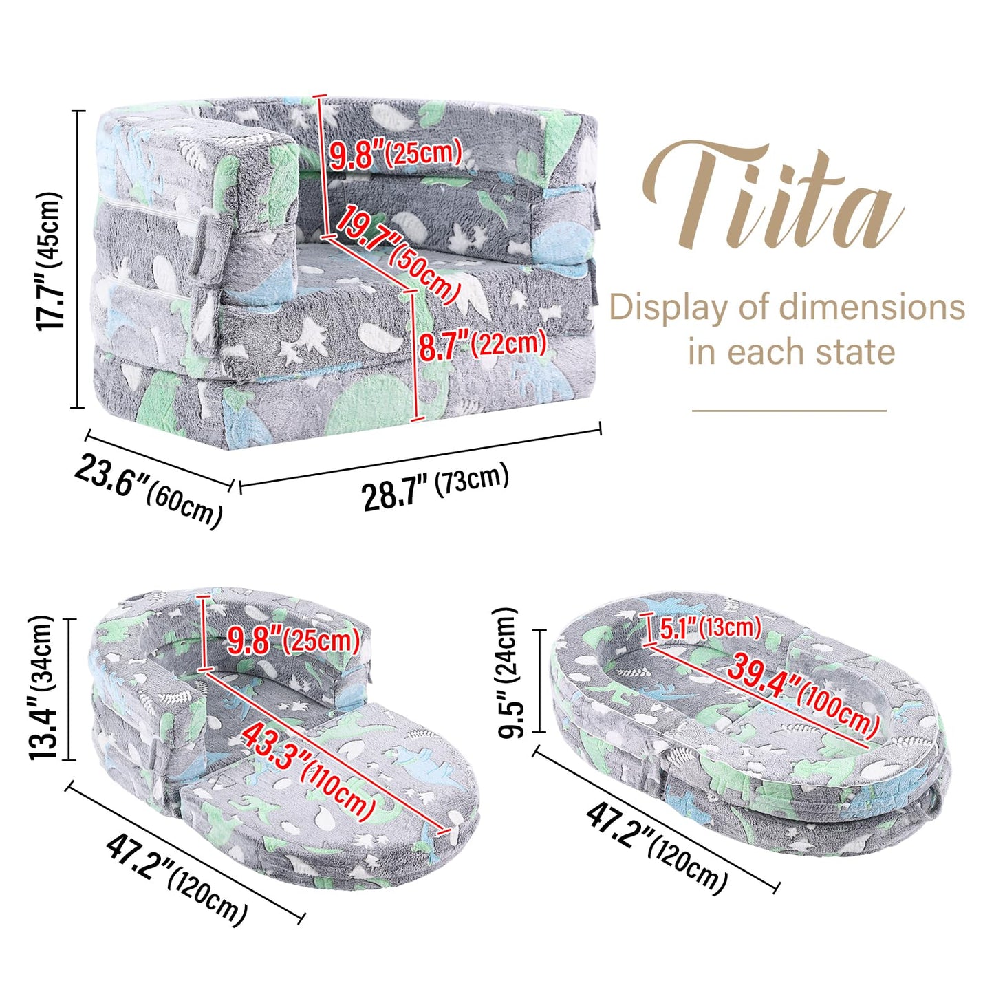 Tiita 3-in-1 Kids Sofa Bed, Comfy Couch Plush Toddler Chair Bed, Convertible Toddler Travel Beds, Folding Kids Couch with Washable Cover Carrying Handle for Girls and Boys