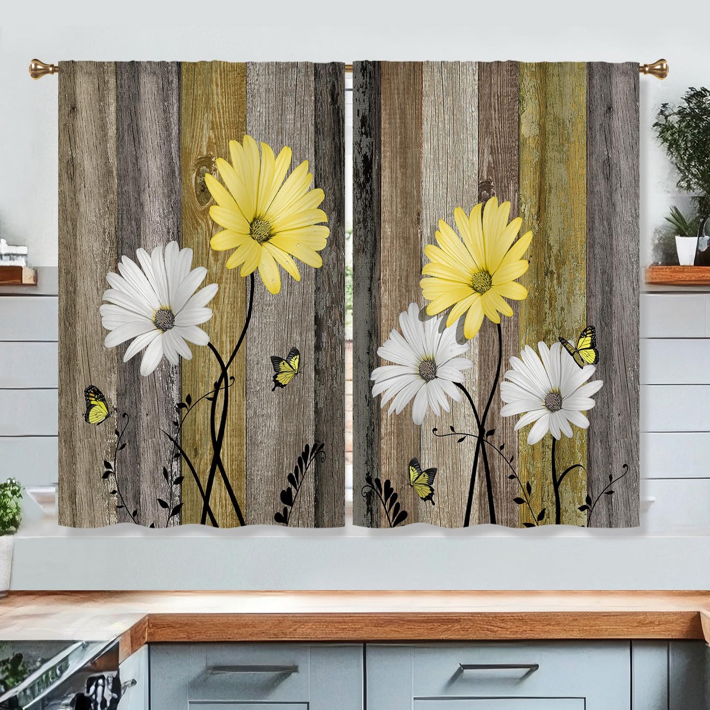 Cizuug Farmhous Yellow Daisy Kitchen Curtains Wooden Flower Small Short Cafe Window Curtains Rustic Floral Butterfly Country Barn Bathroom Drapes Treatment Tier Curtains 2 Panels