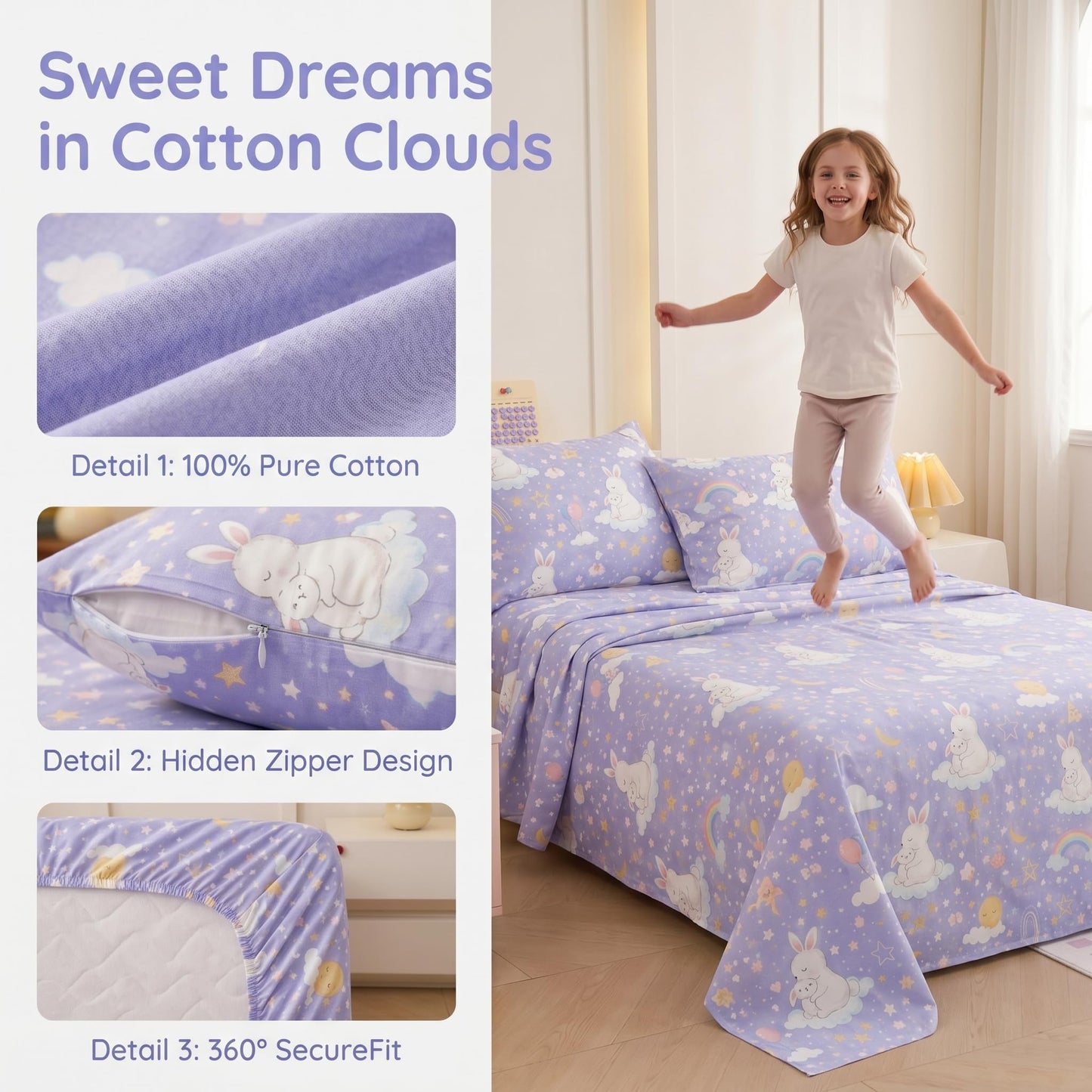 YIYEA 100% Cotton Kids Sheets, Ultra Soft Cozy Cute Bed Sheets Set for Girls, Boys, Teens, 16" Deep Pocket, 3PC, Twin