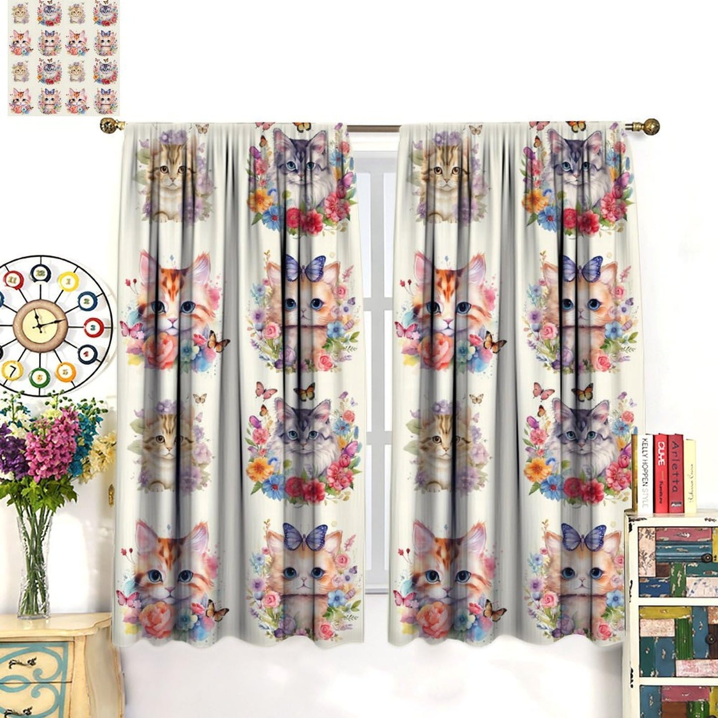 VUMIVI Watercolor Flower Cat Curtains Colorful Cartoon Cute Animals Butterflies Abstract Art Print Rod Pocket Window Treatments for Kids Boys Girls Bedroom Kitchen Living Dining Cafe 42" W X 44.5" L
