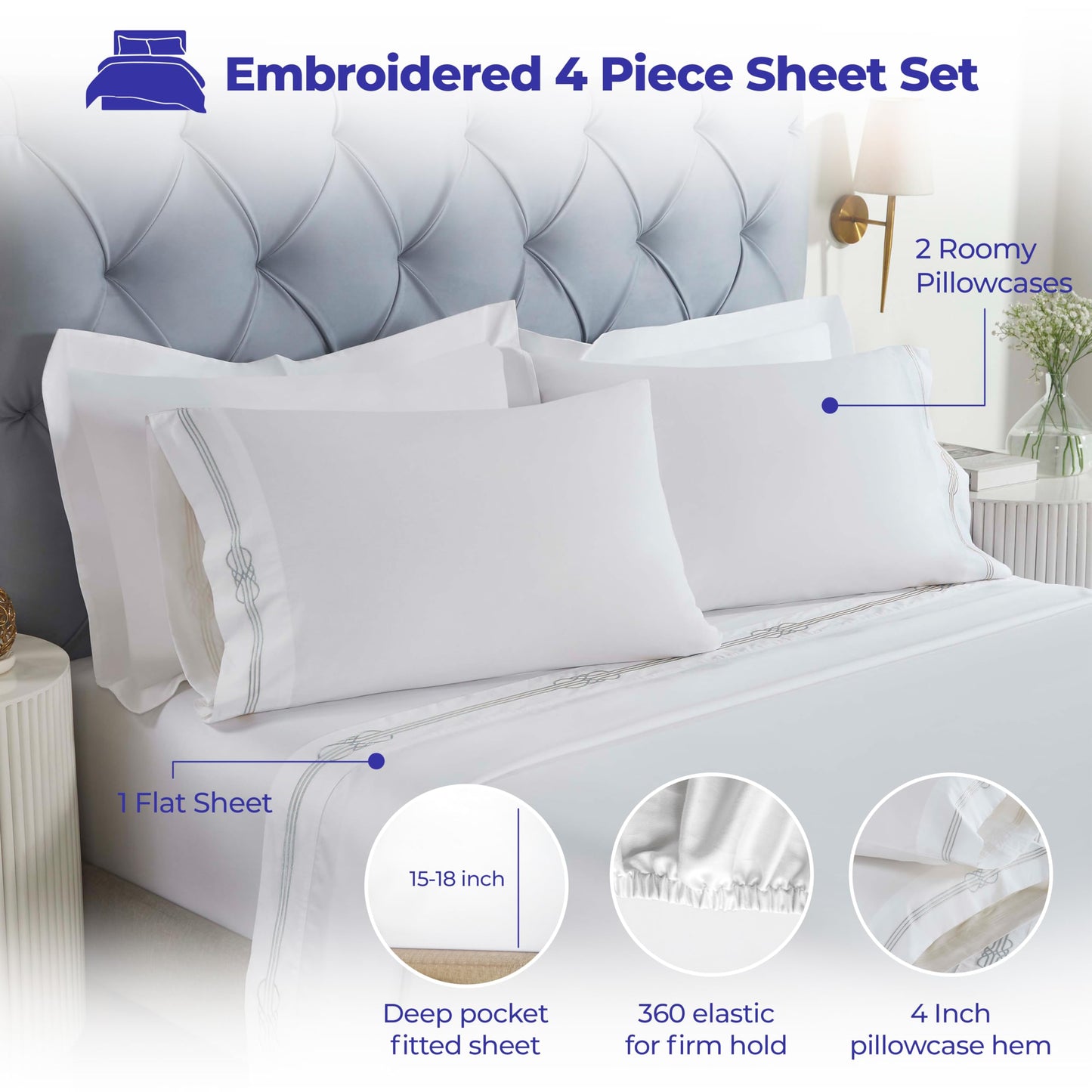 Superior Embroidered Cotton Bed Sheet Set, 1 Elastic Deep Pocket Fitted Sheet, 1 Flat Sheet, 2 Pillowcases, Daily Soft Sheets, Luxury, Elegant Design, Moonlawn Collection, Queen Size, White/Silver