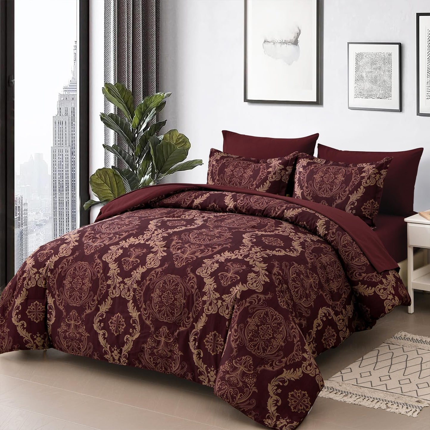 WONGS BEDDING Burgundy Comforter Set Queen Size, Maroon Damask Texture 7 Pieces Bed in a Bag Microfiber Comforter Bedding Sets -1 Comforter, 1 Flat Sheet, 1 Fitted Sheet, 2 Pillow Shams, 2 Pillowcases