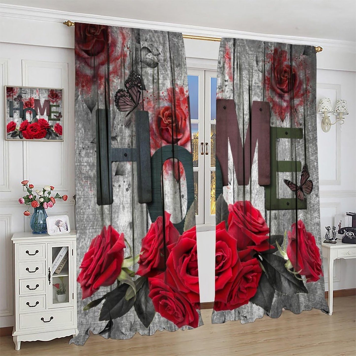 GoDazzling Red Rose Curtains, Wooden Rustic Romantic Flower Valentine's Day Rod Pocket Window Drapes, for Bedroom Living Room 41" W X 45" L (No Blackout)