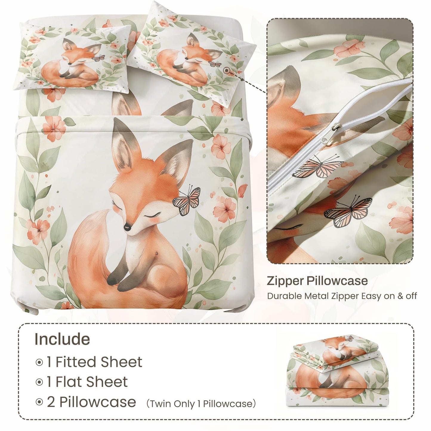 Fox Twin Sheet Set Butterfly Leaf Flat Fitted Sheet Sets