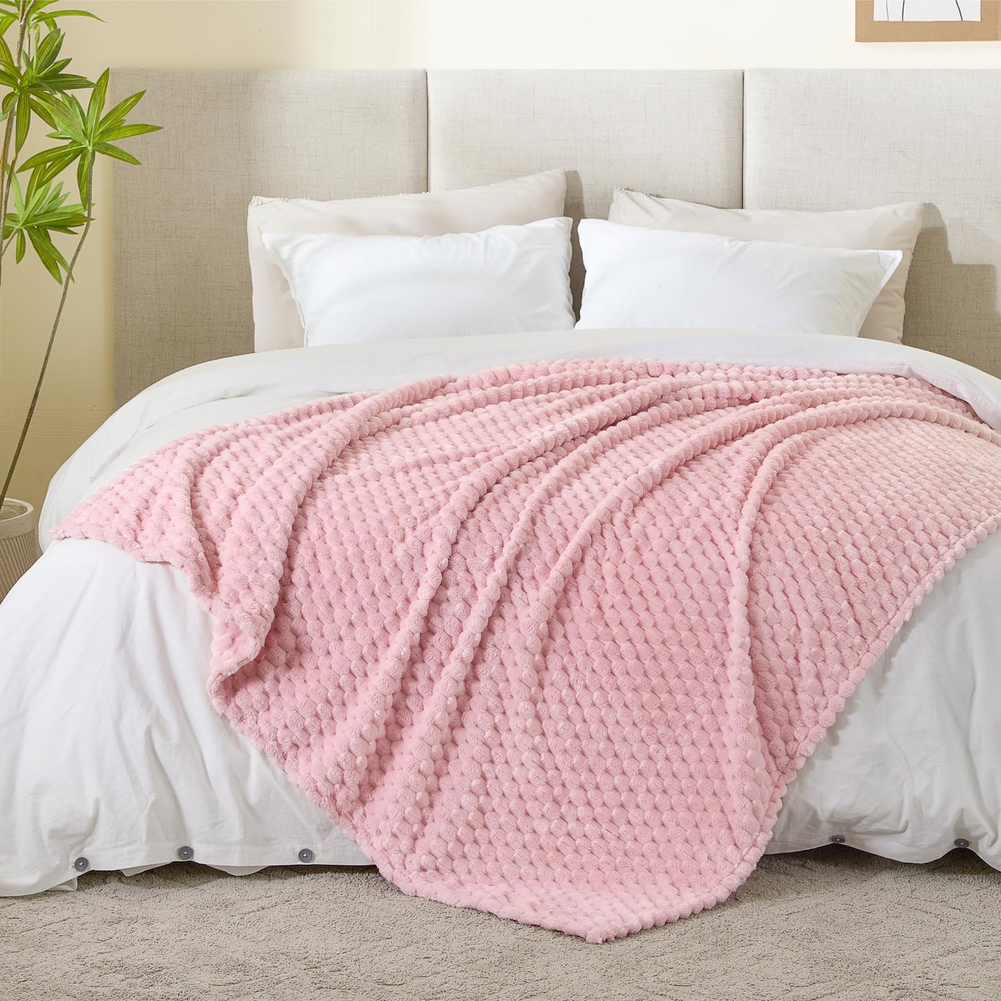 BEDELITE 2 Pieces 3D Ribbed Jacquard Soft and Warm Decorative Fuzzy Blankets, Pink, 50x60IN