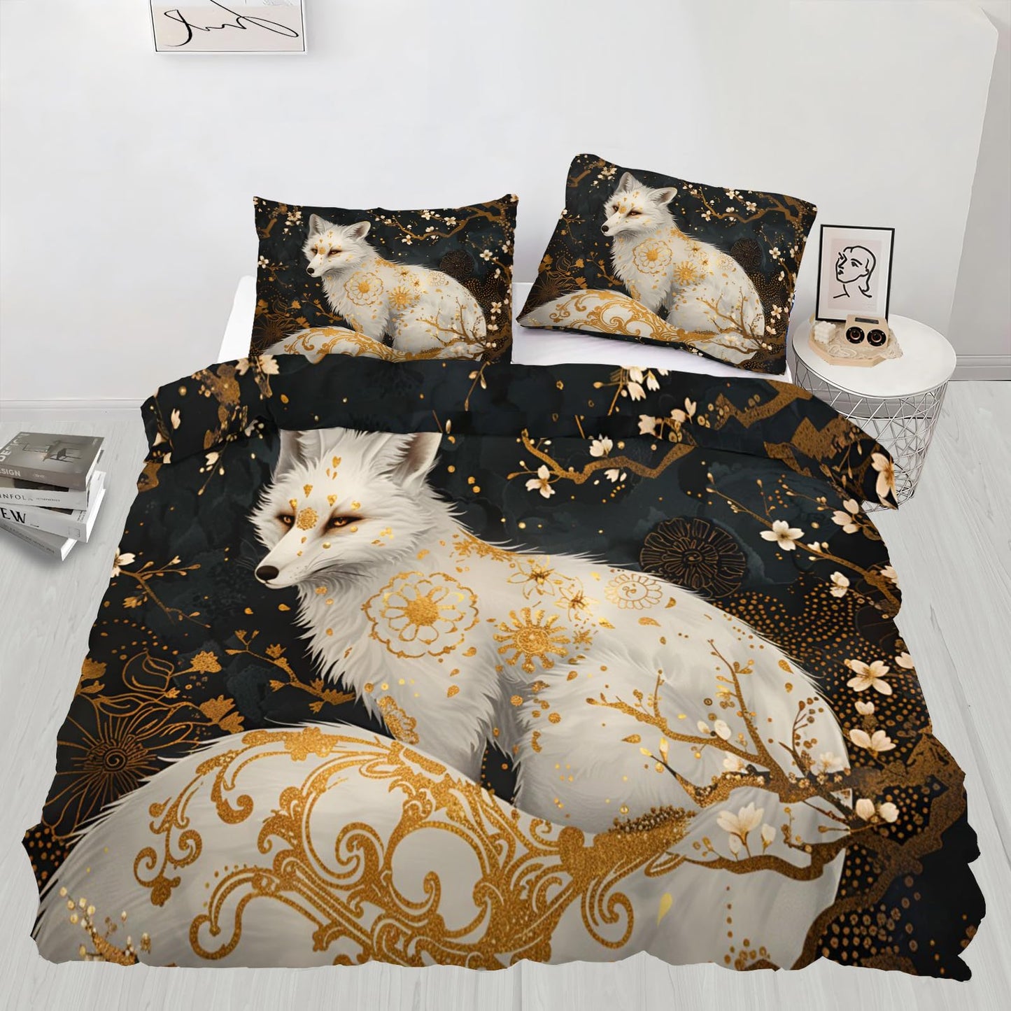 PAISUOQ Fox Duvet Cover Queen Size - Mysterious Fox Home Decor & Gifts, 3 Piece Back to School Dorm Bedding, Easy Care Microfiber Comforter Cover & Pillowcases, Boho Jungle