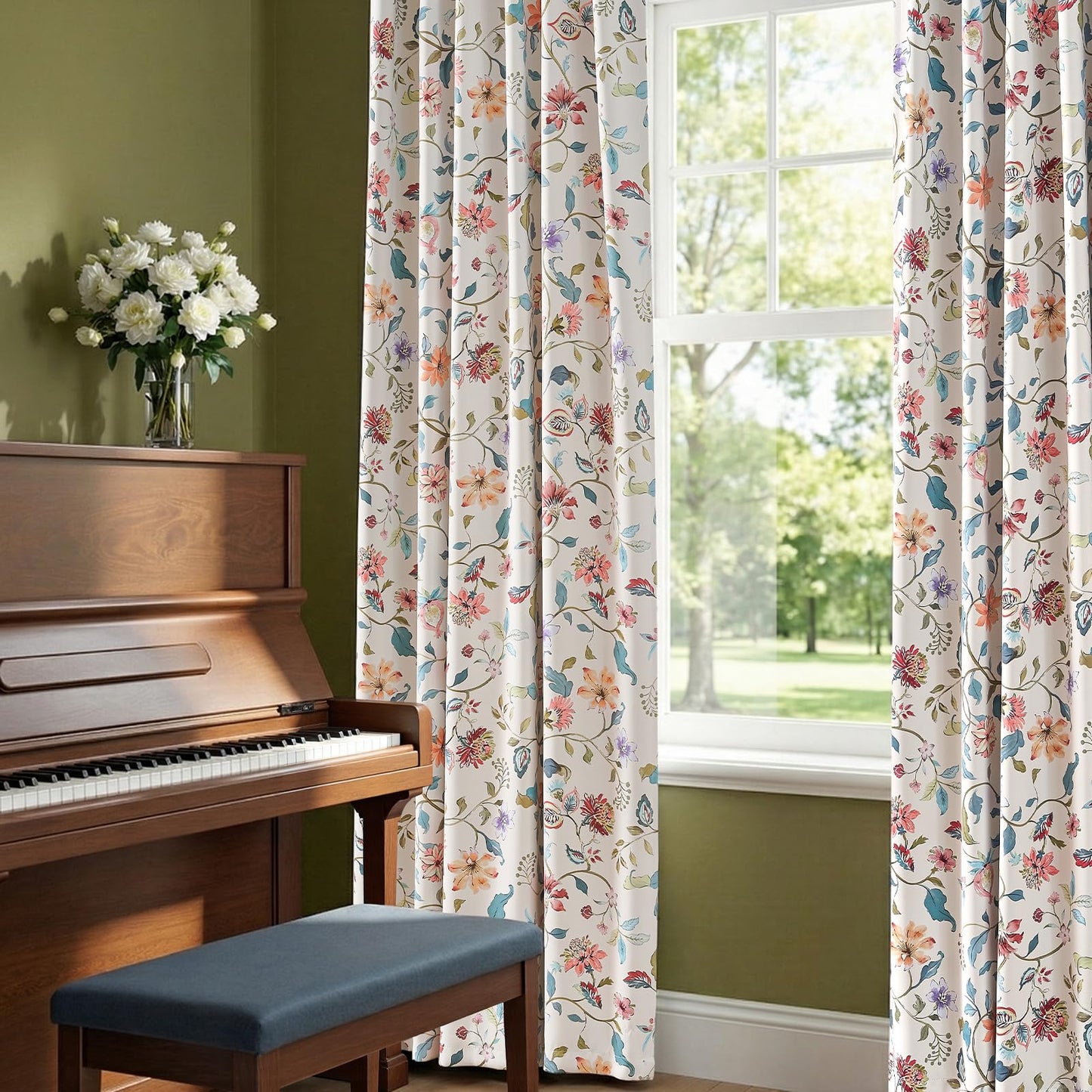 jinchan Hattie Beige Floral Blackout Curtains 84 Inch Length – Room Darkening Vintage Curtains Cream Botanical Drapes for Living Room & Bedroom, Elegant Farmhouse Window Panels, Set of 2 Panels