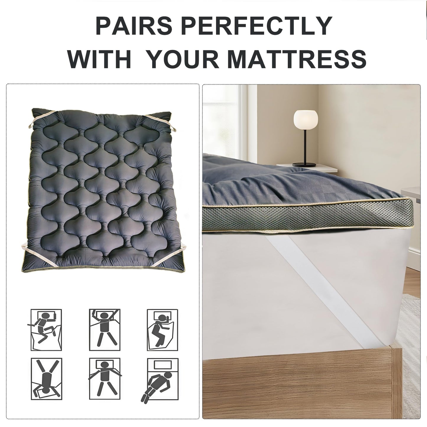 3In Extra Thick Mattress Topper Cooling Pillow Top Airflow Design for Hot Sleepers, Soft Comfort & Supportive, Pressure-Relieving Pad for Back & Side Sleepers, Easy Setup & Wash, Queen 60”*80”