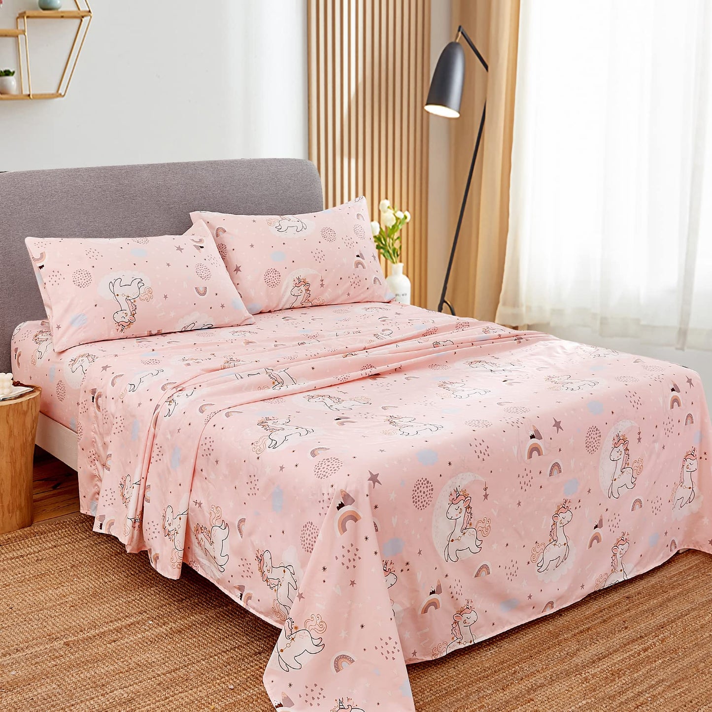 JSD Pink Unicorn Kids Sheet Set Full Size, 4 Piece Girls Rainbow Printed Microfiber Bed Sheets Deep Pocket