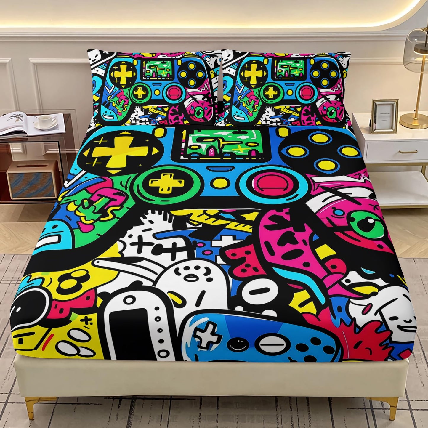 AILONEN Gaming Queen Size Fitted Sheet Set - Graffiti Video Game Controller Bedding Set for Boys Girls - Cartoon Funny Gamepad Deep Pocket Sheets with 2 Pillowcases - 3 Pieces