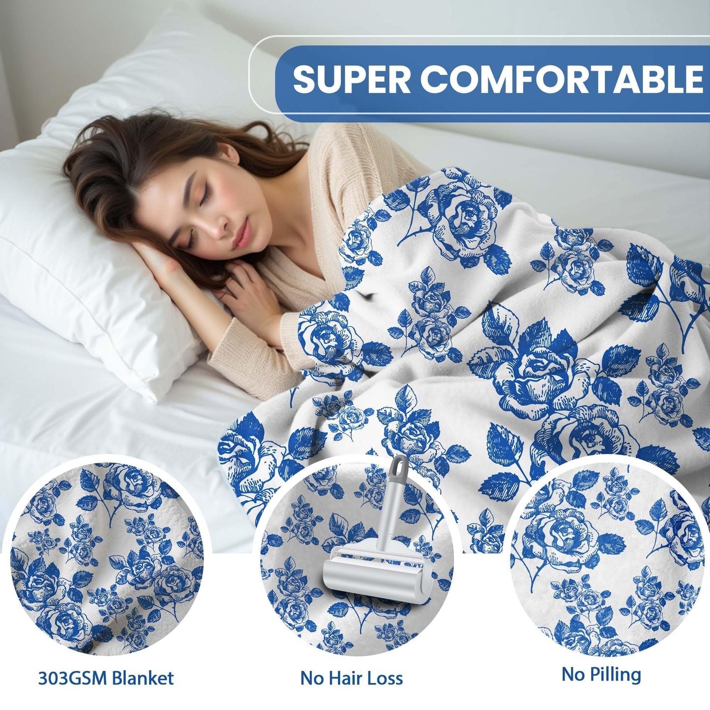 Pdvbiee Blue Floral Throw Blanket, French Country Chinoiserie, 50x60 in