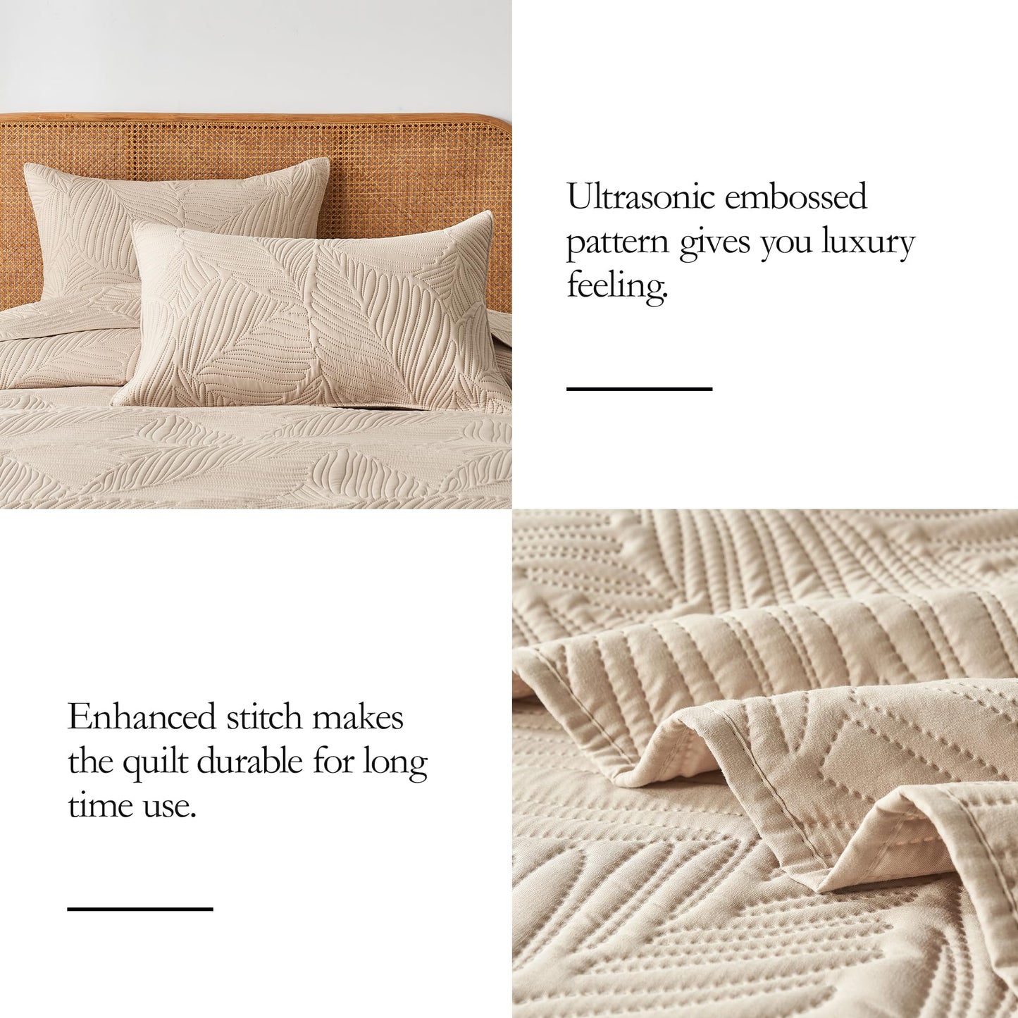 OARAGE Queen Quilt Bedding Set Soft Lightweight Beige Bedspread with Leaf Pattern,Ultrasonic Microfiber Bed Coverlet Full Size for All Season (1 Quilt, 2 Shams)