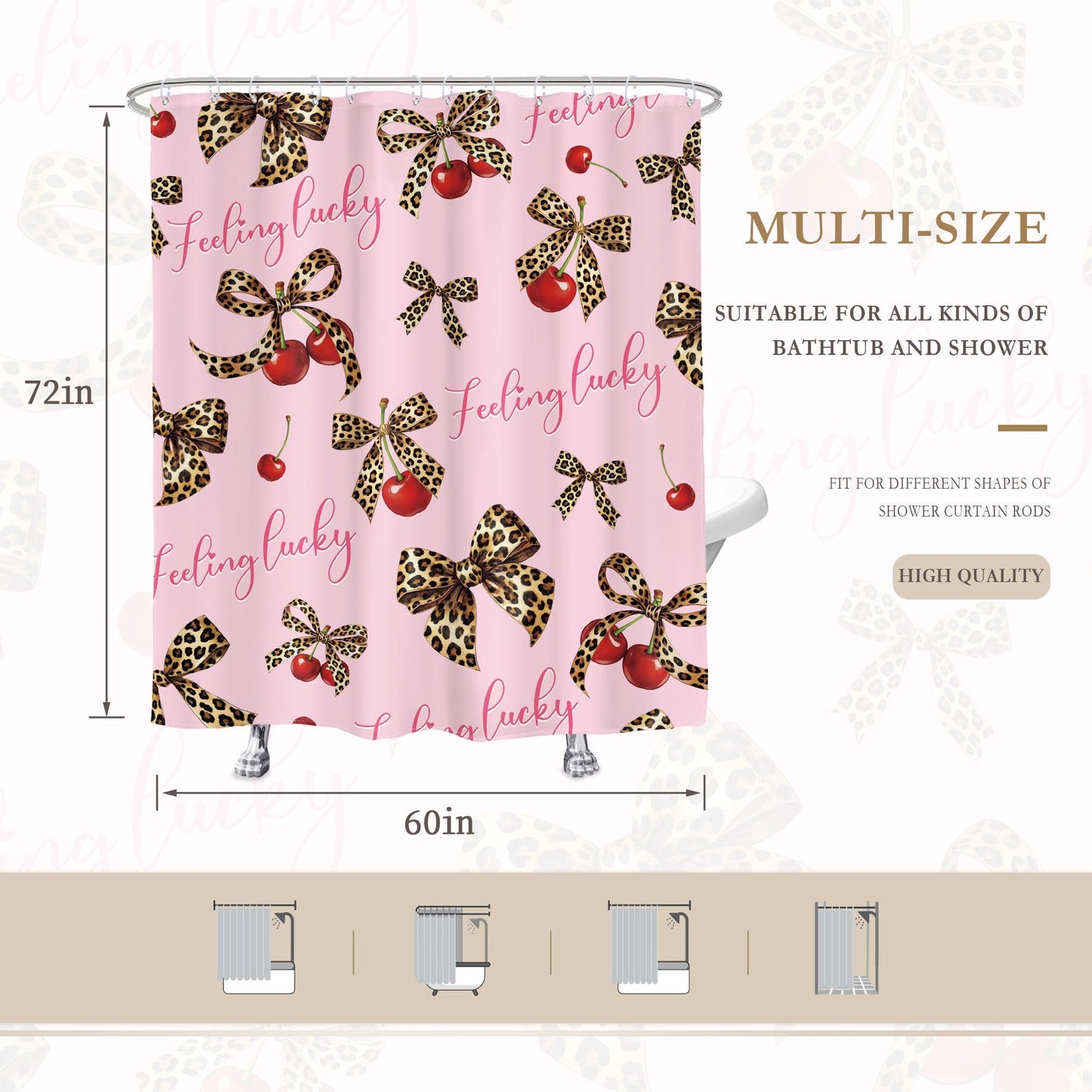Glawry Pink Leopard Shower Curtain Trendy Cherry Bow Coquette Preppy Y2k Cheetah Print Girly Aesthetic Cute Fashion Bathroom Retro 60Wx72L Inches Bath Accessories Art Home Decor Fabric 12 Pack Hook