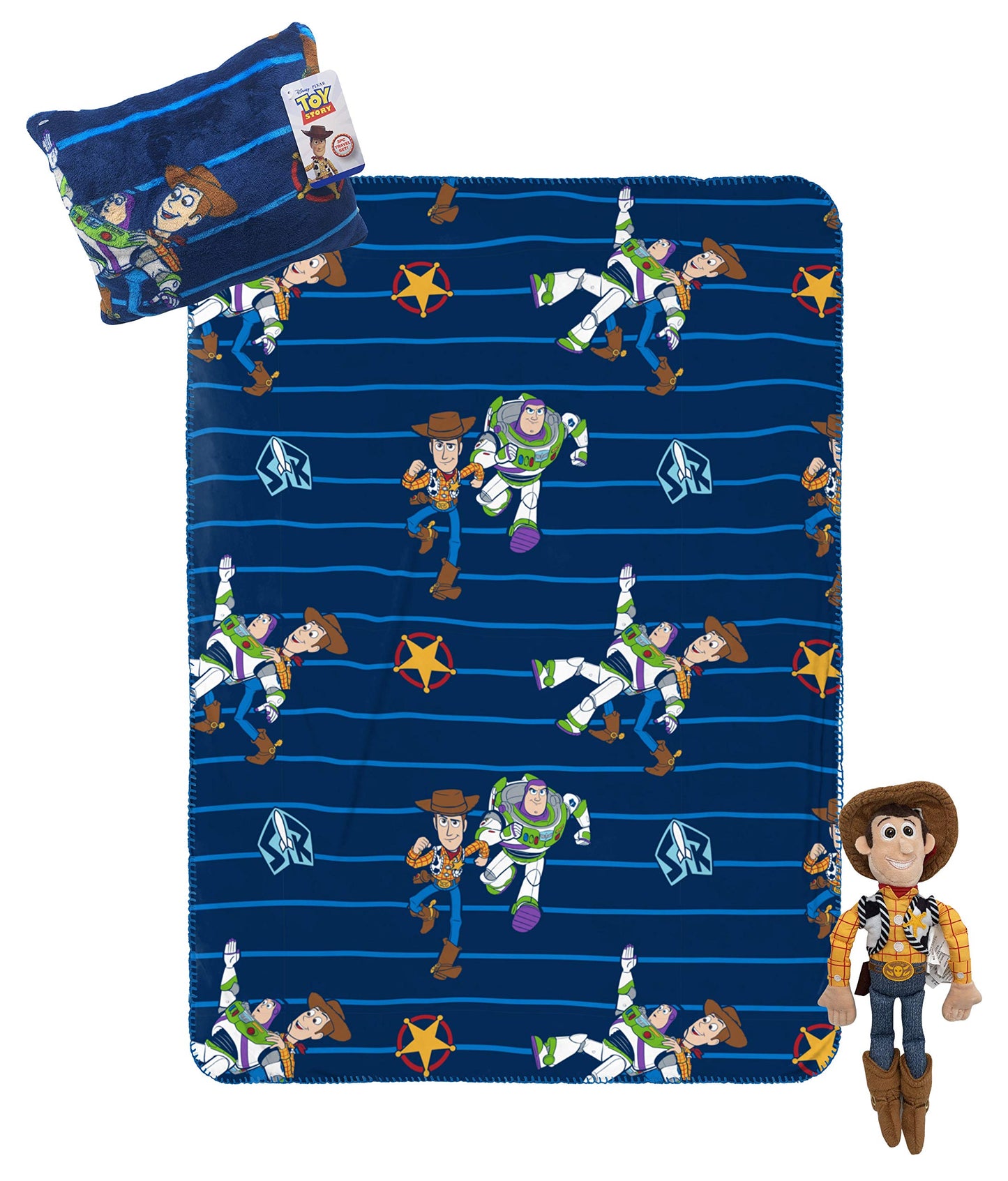 Disney Pixar Toy Story Kids Travel Blanket and Pillow Set, 3 Piece - 40 x 50 Throw Blanket, Pillow & Plush - Woody & Buzz Lightyear, Super Soft, Machine Washable (Official Disney Pixar Product)
