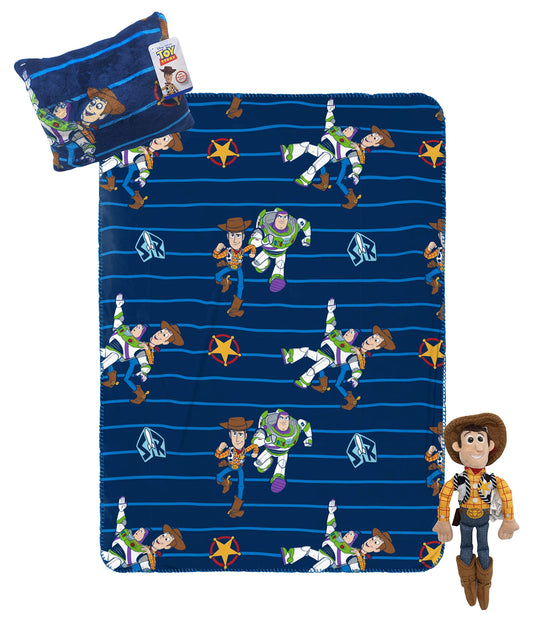 Disney Pixar Toy Story Kids Travel Blanket and Pillow Set, 3 Piece - 40 x 50 Throw Blanket, Pillow & Plush - Woody & Buzz Lightyear, Super Soft, Machine Washable (Official Disney Pixar Product)