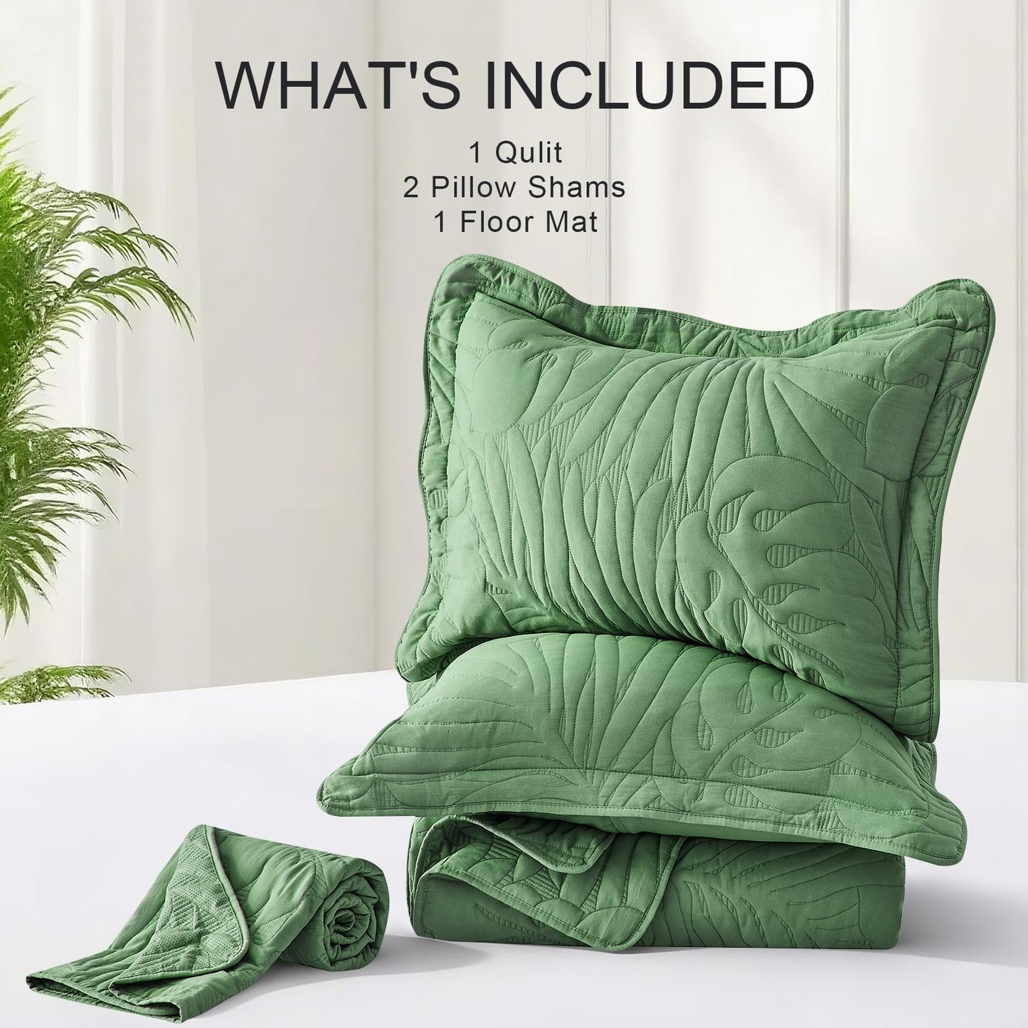 DaisyHuang Botanical Quilt Set King Size -Leaves Pattern Stitching Quilt Set - Elegant & Fresh Style Bedspread Coverlets, Ultra Soft, Reversible, Lightweight, 4 Piece with Floor Mat, Olive Green