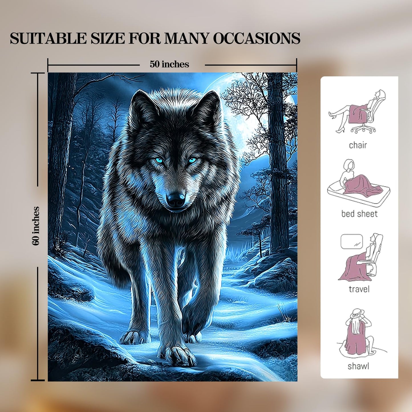 Wolf Blanket Wolf Decor Cozy Animal Throw Super Soft Plush Flannel Fleece Blanket Gift for Kids Adults Men Women Ultra Warm & Lightweight Flannel, 60"X50"