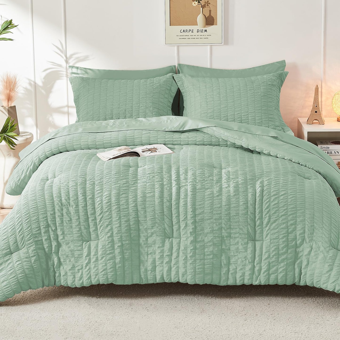 HYMOKEGE Sage Green Oversized Queen Comforter Set Seersucker 7 Pieces, All Season Luxury Bed in a Bag for Bedroom, Bedding Set with Comforter, Sheets, Pillowcases & Shams