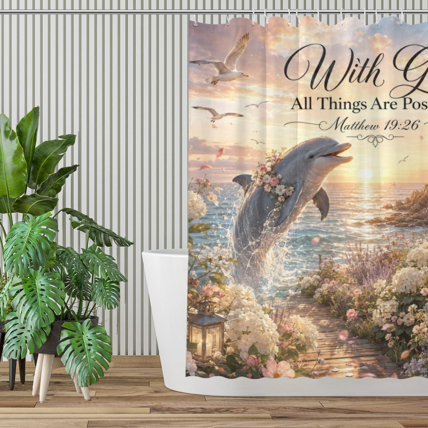 REZHOCH Coastal Cute Dolphin Shower Curtain 72x72 Inch,Lighthouse Ocean Beach Bathroom Decor,with God All Things are Possible,Animal Floral Sunset Seaside Christian Bath Set