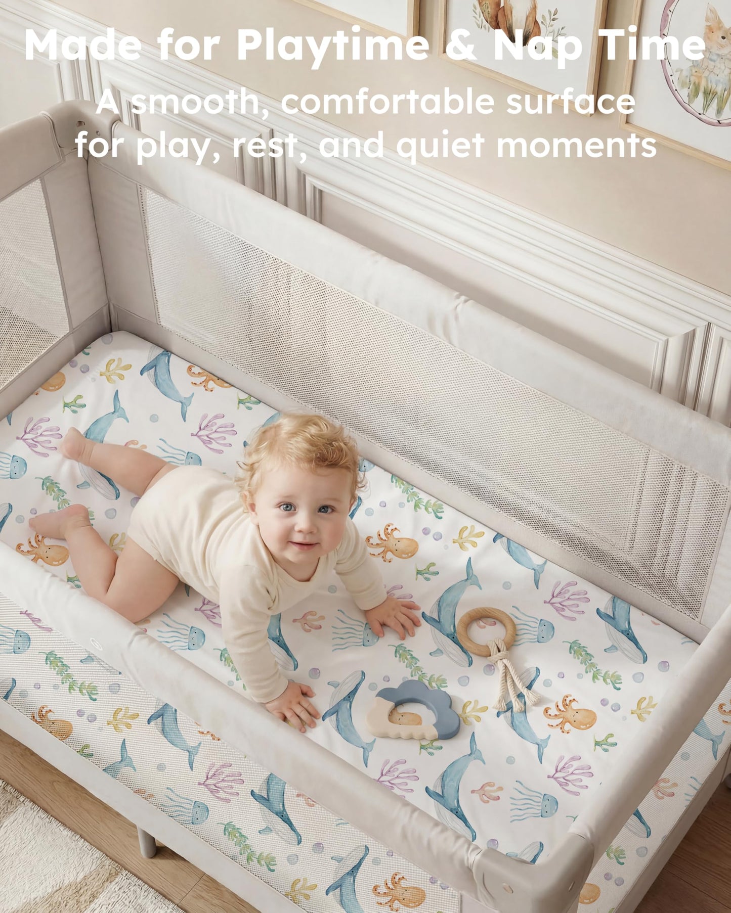 Nyessmee Pack and Play Sheets for Boys Girls, 38" x 26" Mini Crib Sheets Fitted for Pack n Play Mattress, Soft Breathable Playard Sheets, 2-Pack Blue Ocean