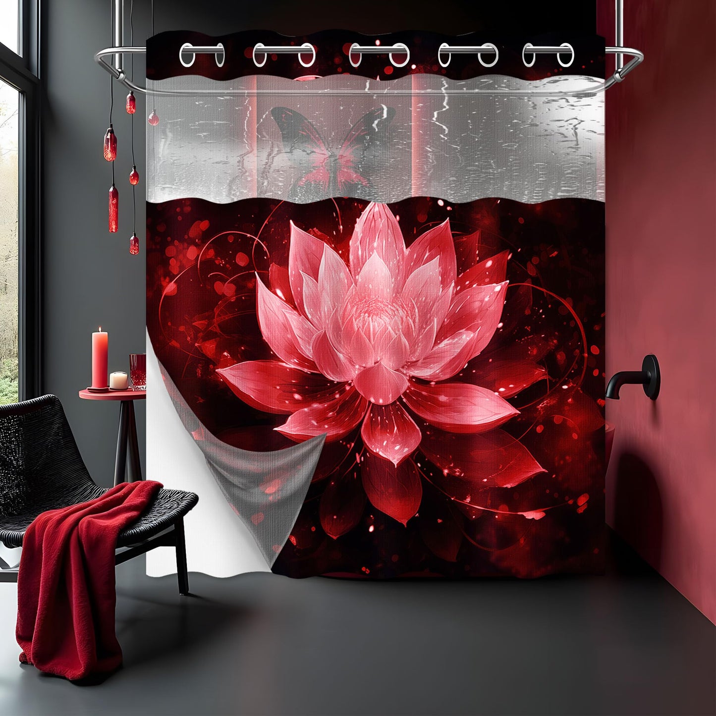 Lotus Hookless Shower Curtain with Liner, Black and Red Floral, 71"x74"