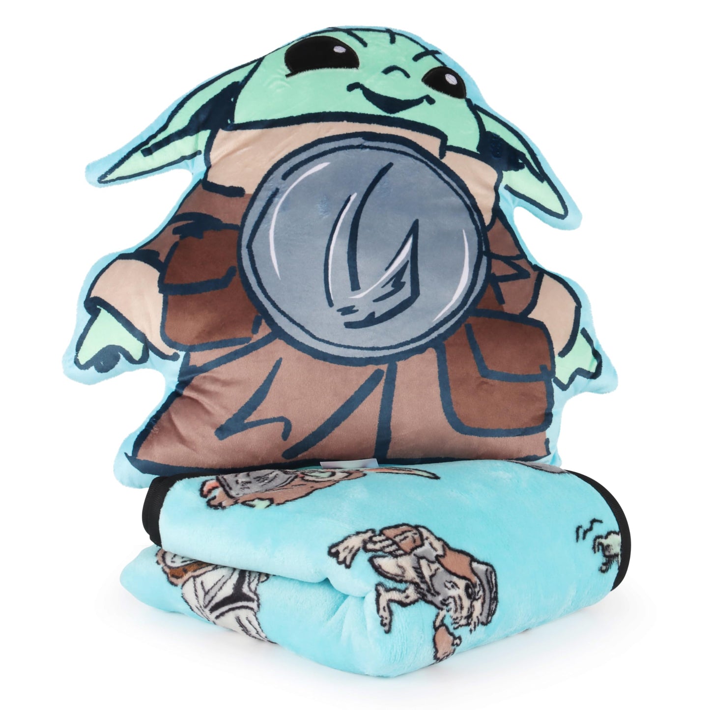 Jay Franco Kids Nogginz Set – 12" Inches Nogginz Pillow & 40" x 50" Inches Cozy Plush Throw Blanket, Ultra-Soft Character Nap Set for Travel, Bedroom & Couch Décor, Multi - Star Wars Mandalorian