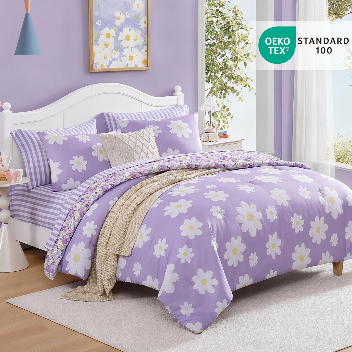AMBERSPACE Twin XL Comforter Set for Girls, Purple Daisy Kids Bedding Set Reversible with Cute Floral, All Season Bed in a Bag Dorm 5 Pieces with Sheets, Pillowcase & Sham