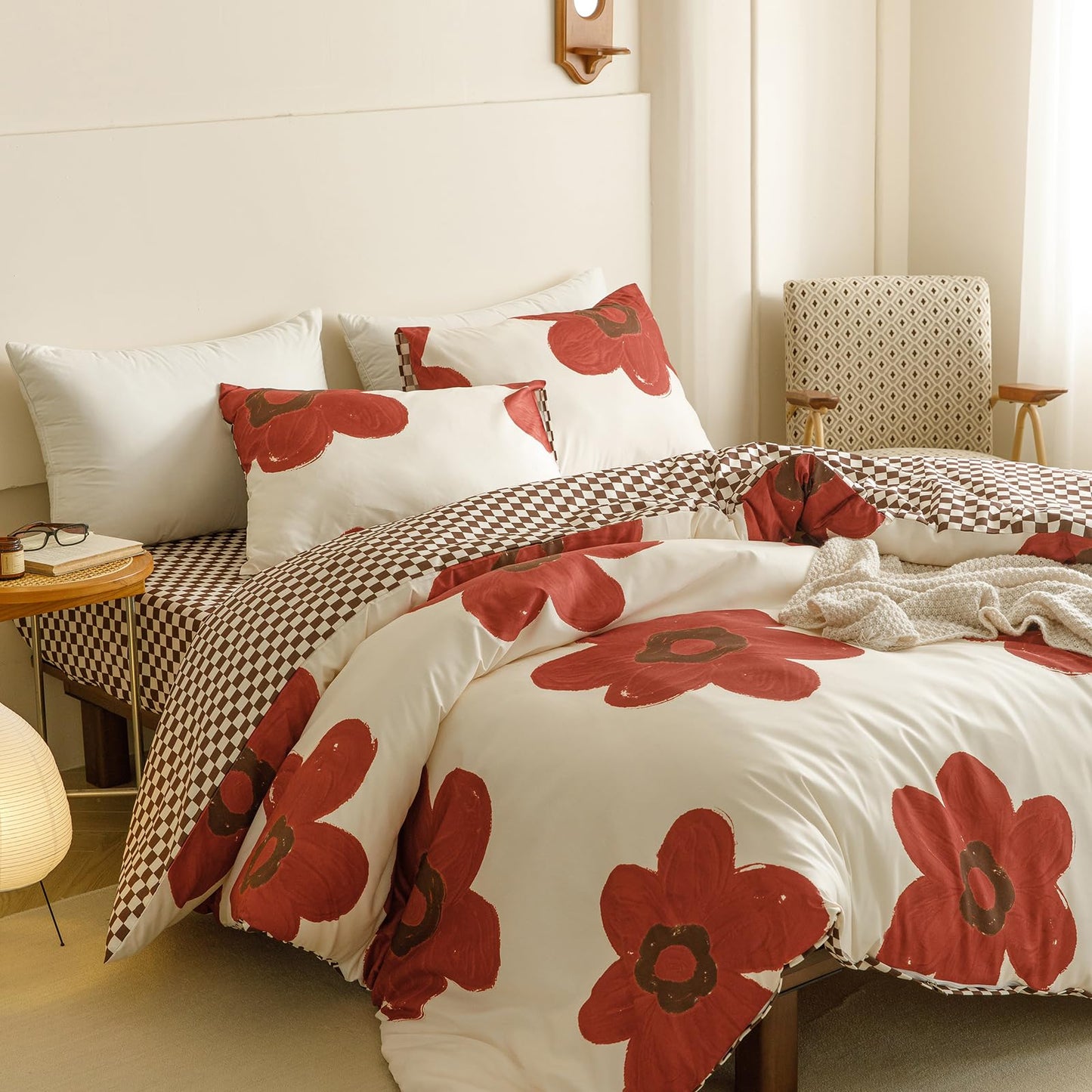 CLOTHKNOW Rust Sunflower Queen Comforter Set Floral Bedding Comforter Sets Brown Plaid Queen Comforter All Season