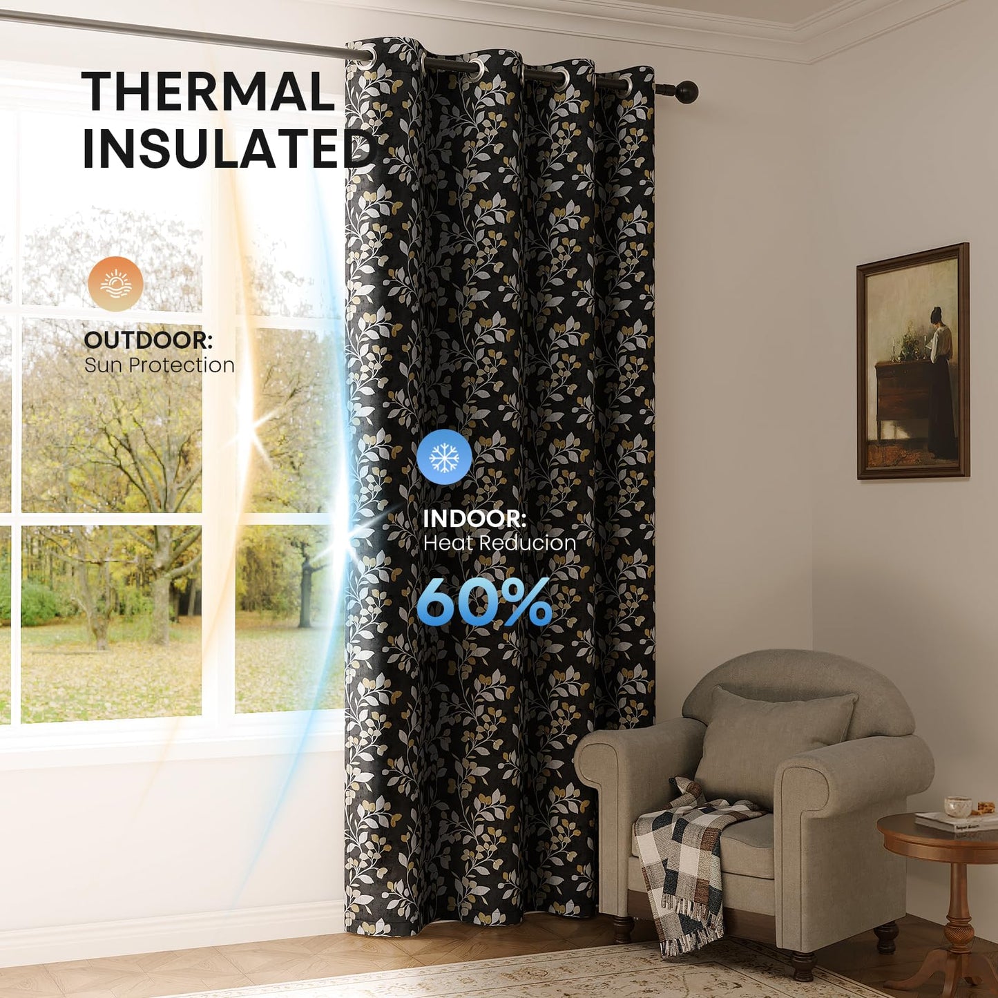MIMUNULUX Vintage Floral Vine Leaf Print Blackout Grommet Curtains 84 Inch 2 Panels for Bedroom Living Room Improve Sleep Quality Protect Privacy Darkening Drapes Farmhouse (52" W x 84" L) Black