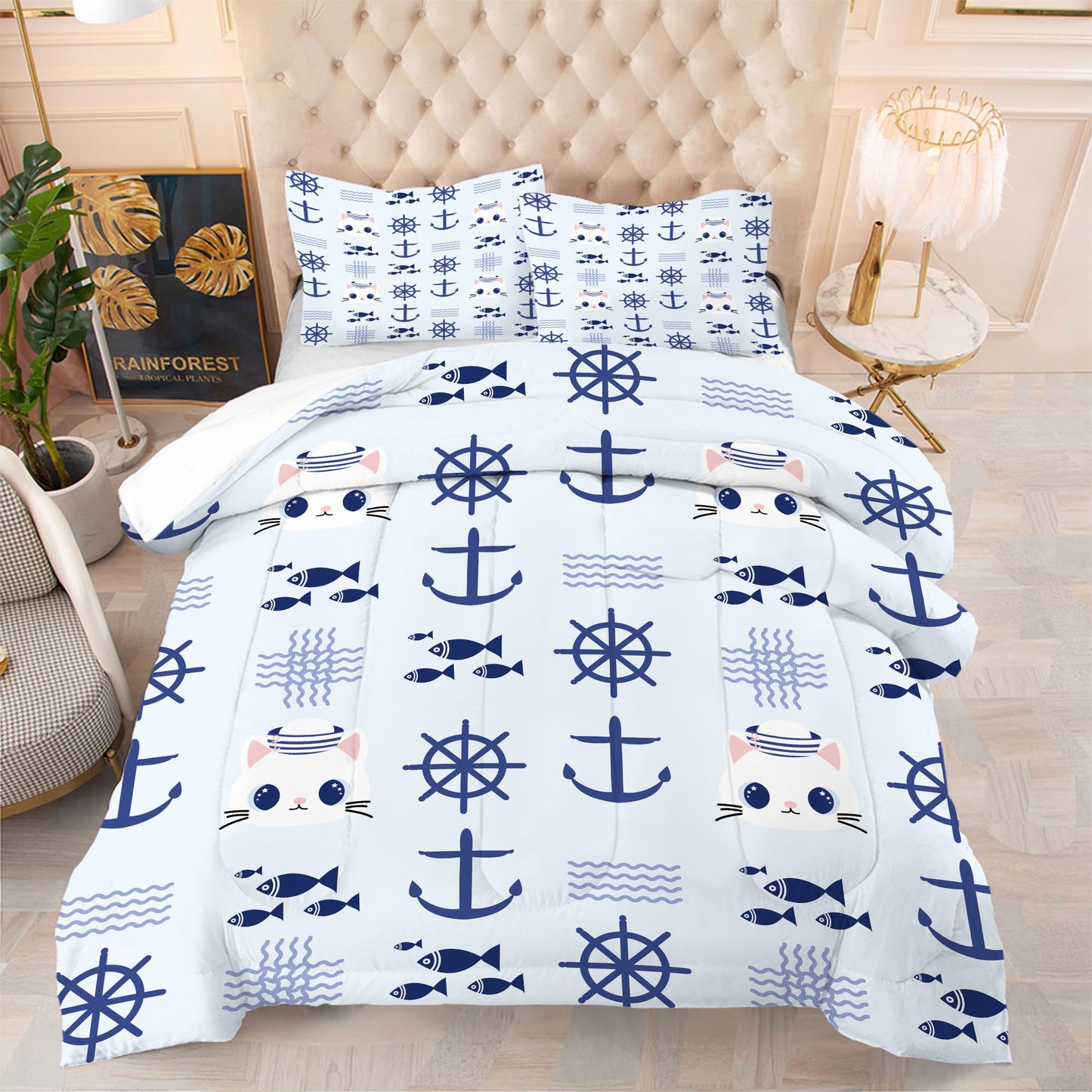 EDGZKO Nautical Cat Comforter Set Full Size Navy Anchor Sailor Cats Bedding Sets Cartoon Blue Marine Theme Bed Set for Teen Girls Boys Kids, 1 Comforter & 2 Pillowcases