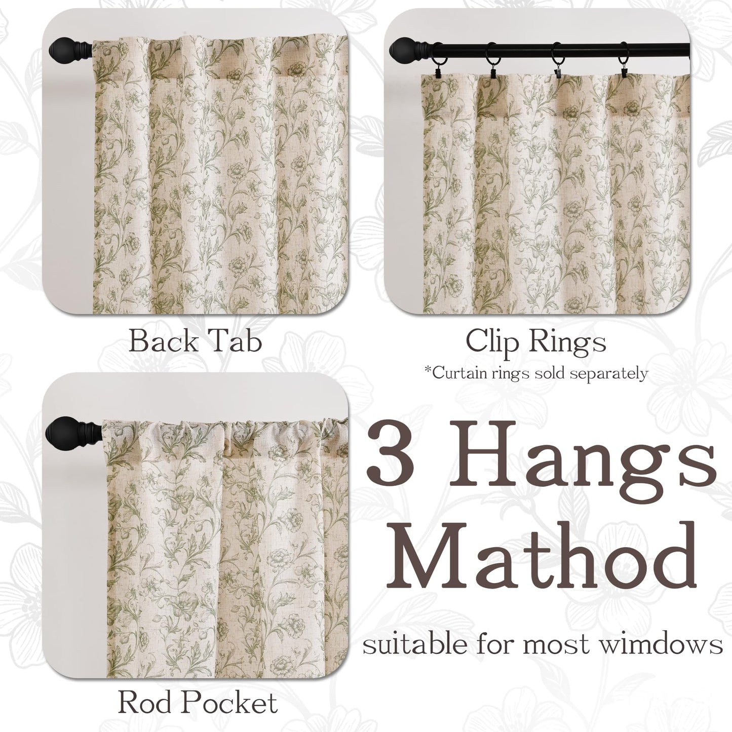 XWZO Green Floral Curtains 84 Inch Length Farmhouse Linen Curtain for Living Room Vintage Flower Botanical Patterned Curtains Rod Pocket Back Tab Bedroom Window Drapes Set 2 Panels