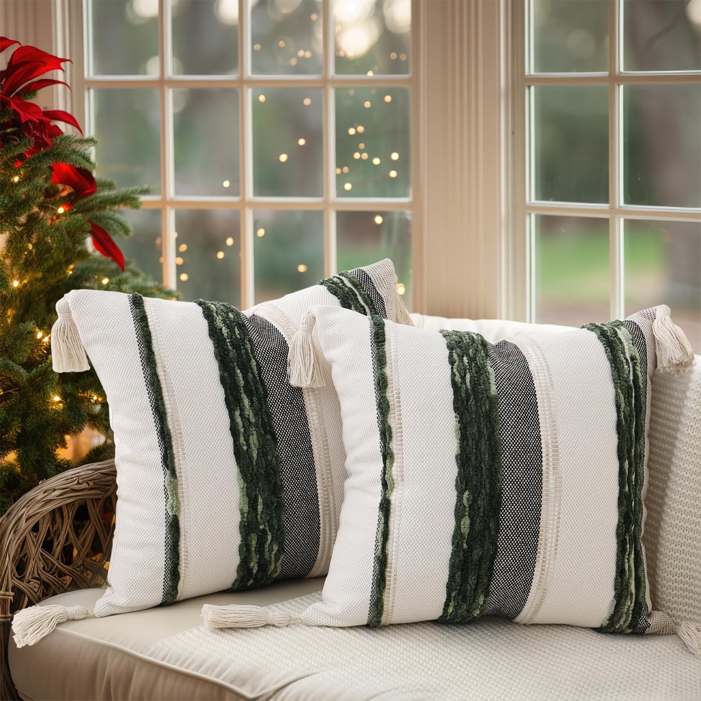Simmore Boho Decorative Throw Pillow Covers 18x18 Set of 2, Tufted Farmhouse Pillow Covers with Tassels for Cozy Bohemian Couch Sofa Bedroom Home Decor, Green
