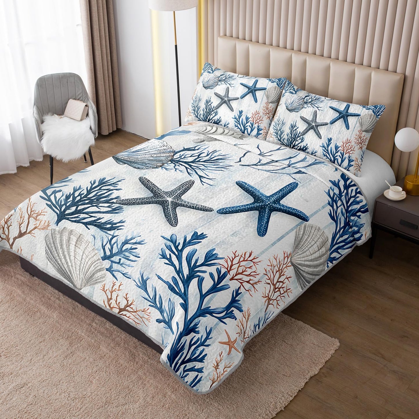 UEVBF Starfish Coastal Bedding Quilt Sets Queen Size,Summer Shell Blue Coral Nautical Bedding Quilt with 2 Pillowcases,Beach Themed Soft Lightweight Quilted Set.