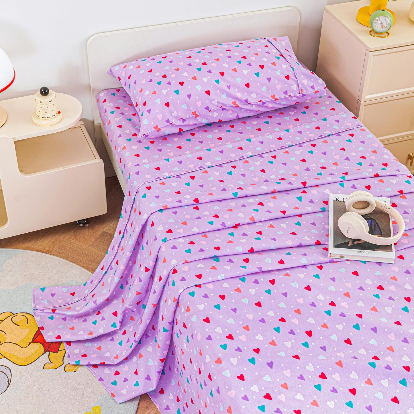 Viviland 3 Pieces Girls Purple Twin Sheet Set - Soft Microfiber Fitted Flat Sheets & Pillowcase - Colorful Hearts Printed Bedding Sets - for Kids & Toddlers