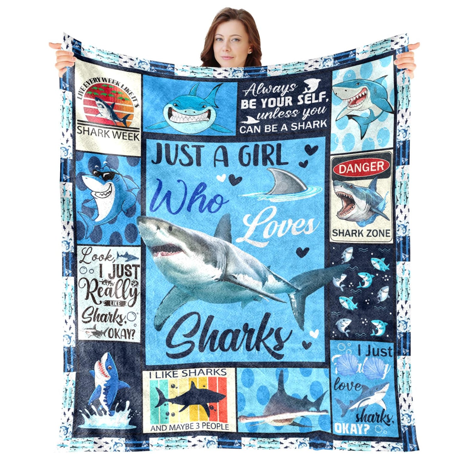 Wxiben Shark Throw Blanket Gifts - Ocean Animals Blanket Gift for Boys Girls Shark Lovers Just a Girl Who Loves Sharks Flannel Throw Blankets Gift for Bed Couch Sofa Living Room 60x50 inches