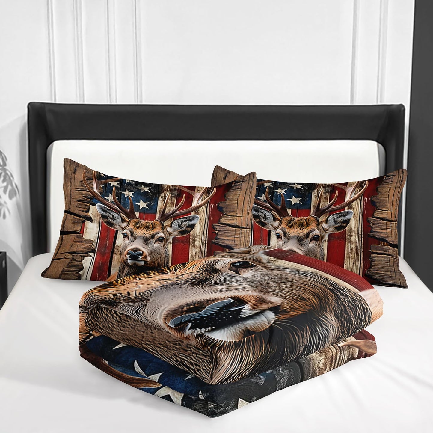 Nttopship Deer Hunting Comforter Sets Twin Size,American Flag Bedding Set 3 Piece for Girls Women Teens Adult Kids Boys,Woodland Moose Wildlife Room Decor Comforter Set with 2 Pillowcases