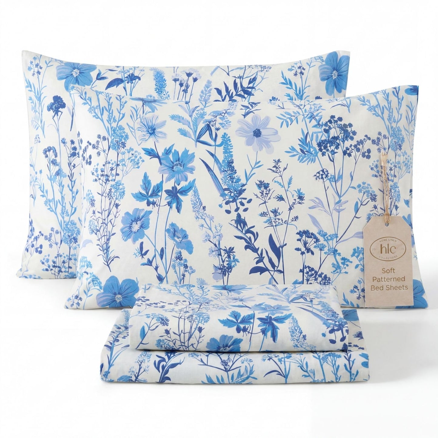 HLC.ME Blue Floral Bed Sheets - 4 Piece Bed Sheet Set - Wrinkle Resistant & Ultra Soft - Fits Mattresses up to 15 Inches Deep (Full)