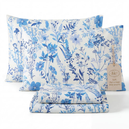 HLC.ME Blue Floral Bed Sheets - 4 Piece Bed Sheet Set - Wrinkle Resistant & Ultra Soft - Fits Mattresses up to 15 Inches Deep (Full)