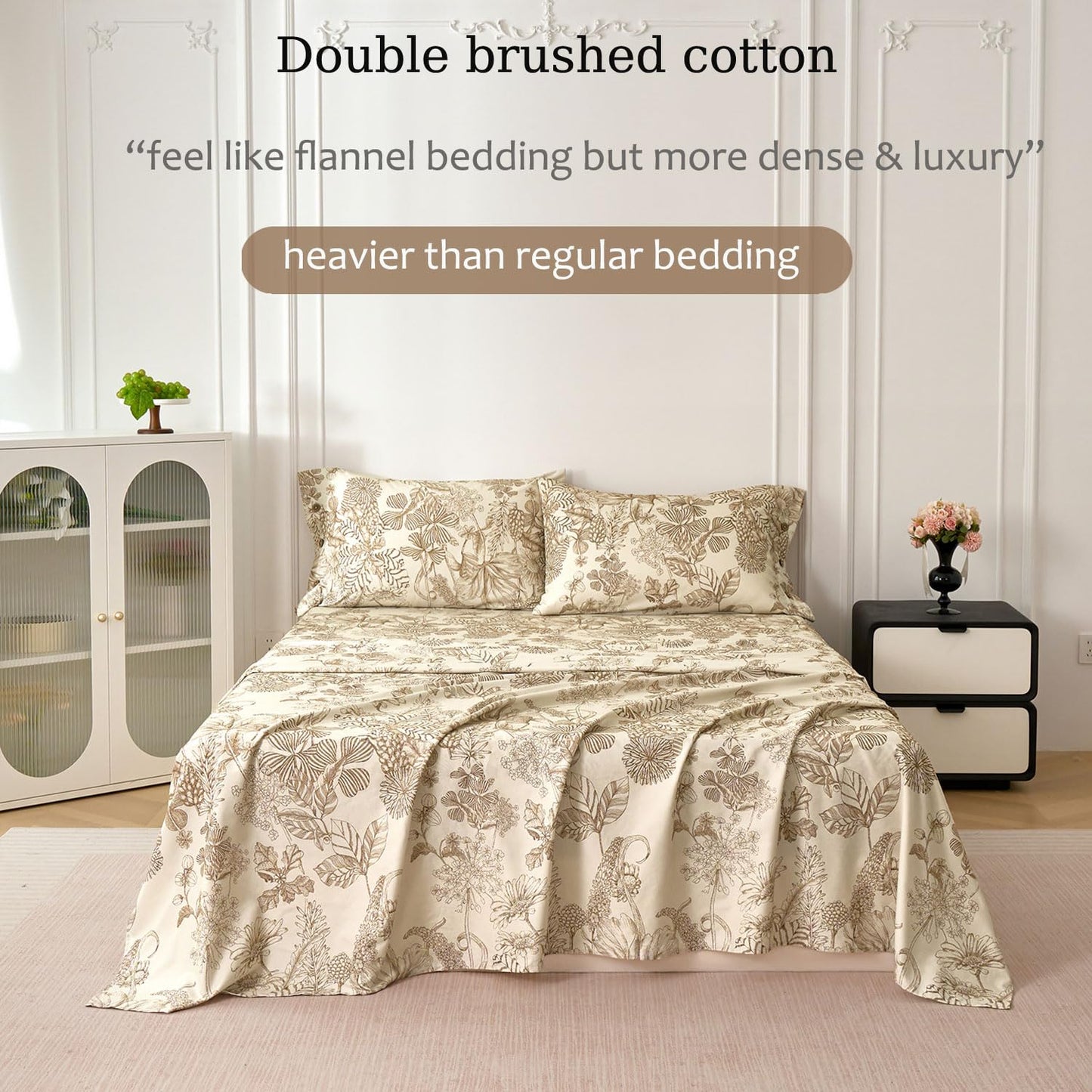 Zusbest Beige Queen Sheet Set 400TC 100% Cotton Flannel-Like Warm Luxury Brown Toile Floral Bed Sheets 4Pc Deep Pocket 17.5‘', Botton Pillowcases Double Brushed Extra Soft Breathable, French Country