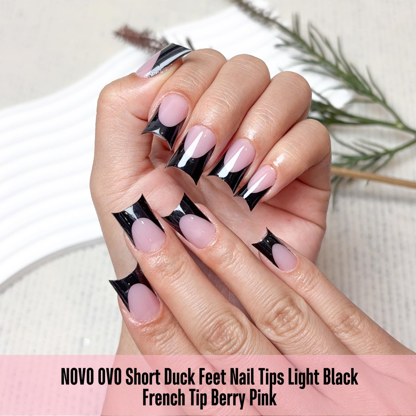 NOVO OVO Duck Nails Short with Moon Curve Black French Tips Berry Pink, 240Pcs Soft Gel Flare Wide French Full Cover False Nail Tips, Press on Acrylic Extension (15 Sizes)