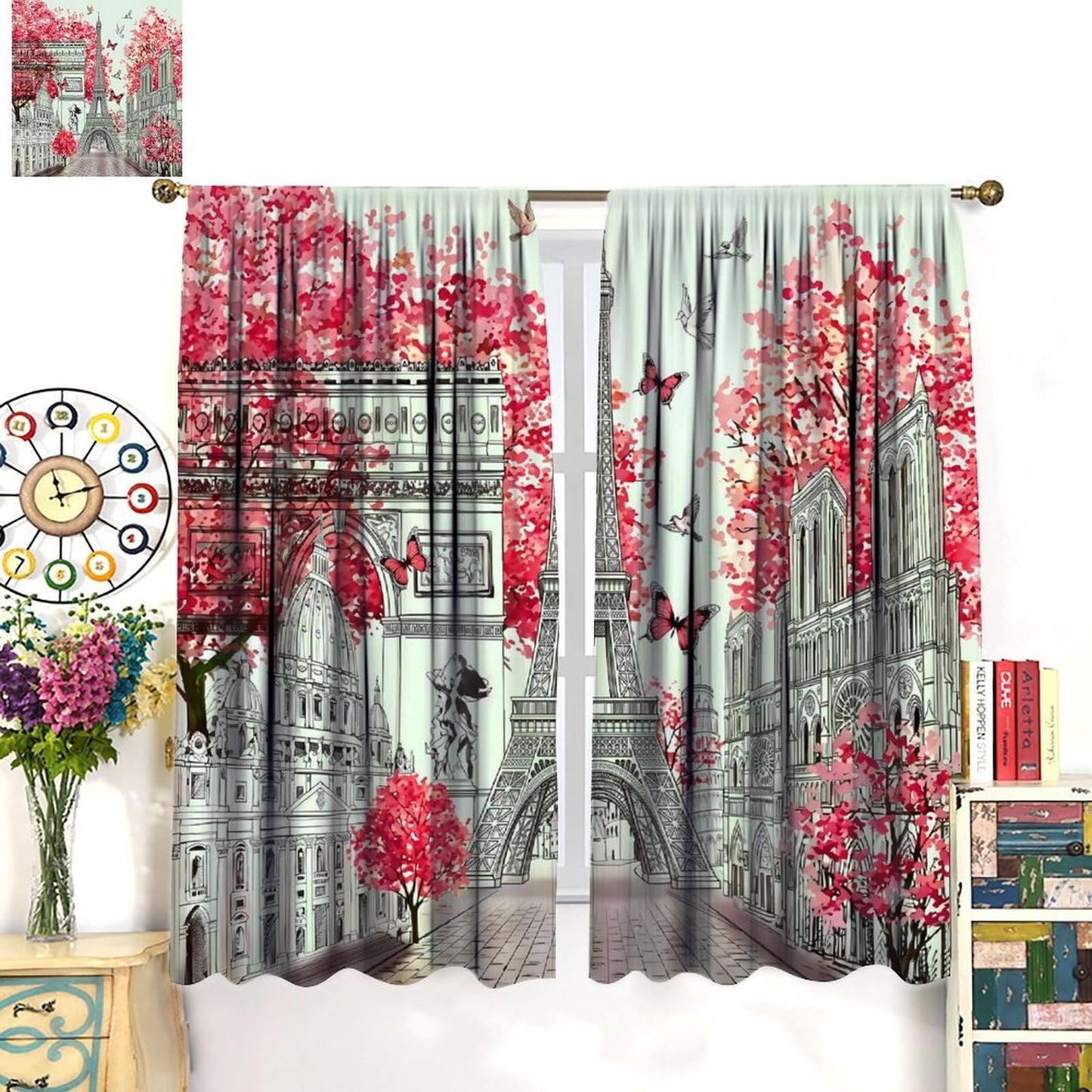 TYVGICZ Red Paris Modern Curtains, Landscape Architecture City Scenery Eiffel Tower Landmark Famous Romantic Window Treatments for Girls Woman Bedroom Living Room Kitchen Bathroom 2 Panels,42x45 Inch
