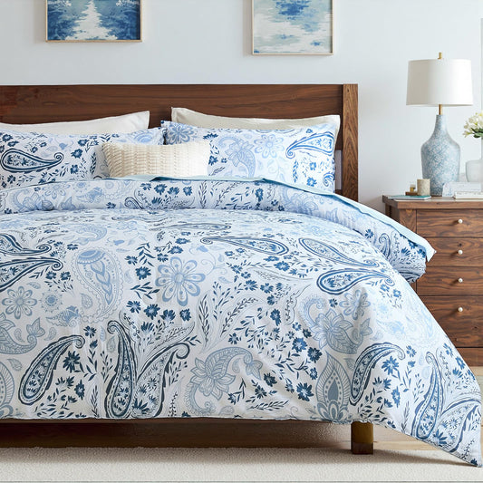 Bedorm Paisley Queen Comforter Set 100% Cotton Bedding Comforter Blue Paisley Floral Printed Boho Chic Bedding Extra Soft Cozy Vintage Aesthetic Quilt Comforter