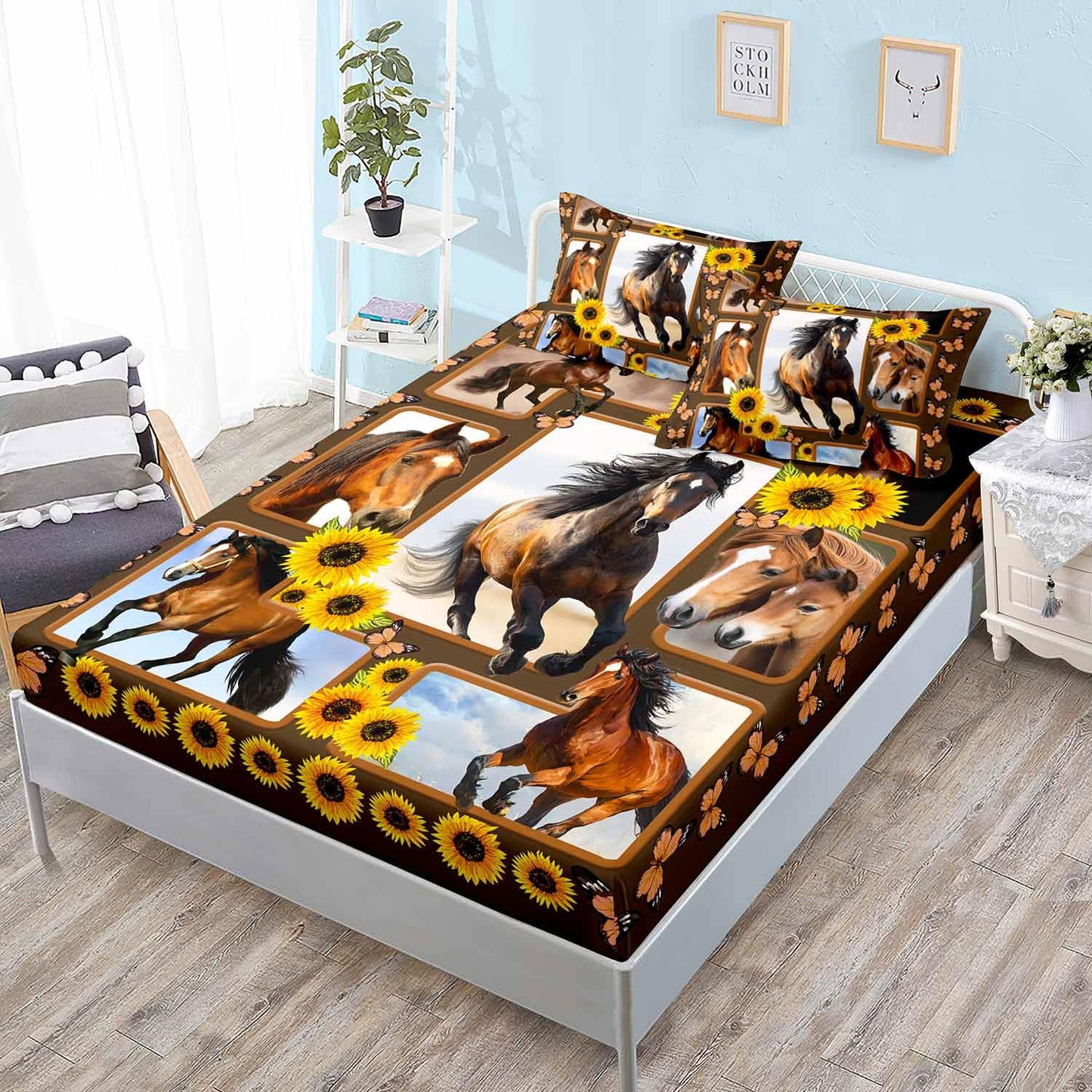 HOSIMA Horse Fitted Sheet&Pillowcases,Animal Themed Galloping Horse and Sunflower Floral Bedding,3D Printed Soft Decorative Fabric Bedding Deep Pocket,Teens Kids and Toddler Bedding Set,Twin Size.