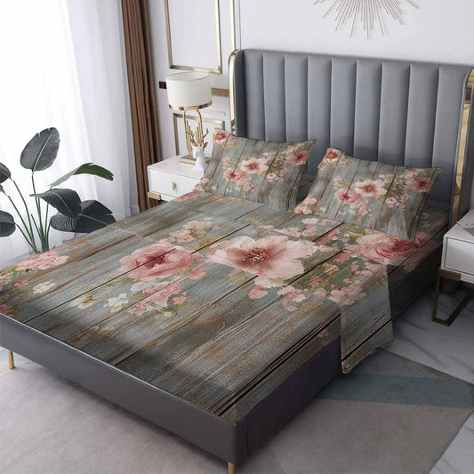 NOGAWA Rustic Wood Floral Sheets Queen, Vintage Pink Flower Bed Sheets, Deep Pocket & Soft Microfiber Bedding Sheets & Pillowcases 4 Piece - Fitted Sheet & Flat Sheet & 2 Pillow Cases