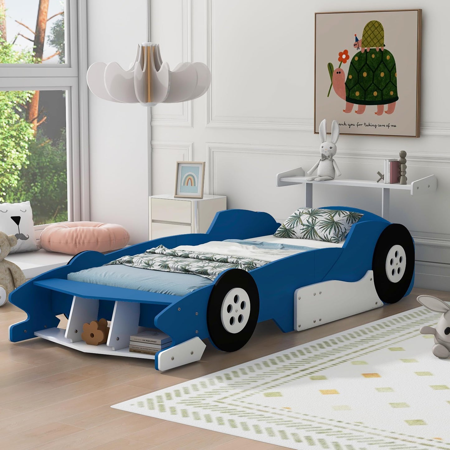 Merax Race Car Bed Frame Twin Size for Boys, Wood Car-Shaped Platform Bed with Wheels, Blue