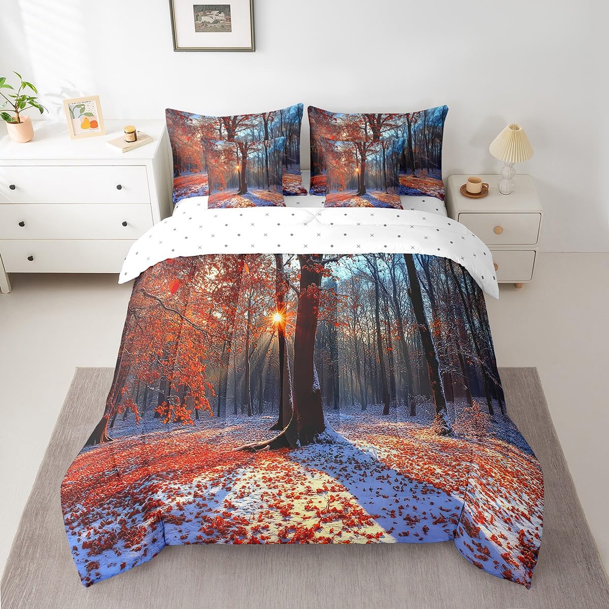 jejeloiu Maple Comforter Set 7 Pieces Full Size Kids Maple Tree Winter Bed in a Bag for Boys Girls Nature Bedding Set Snow,Comforter + Sheets + Pillowcases + Cushion Covers