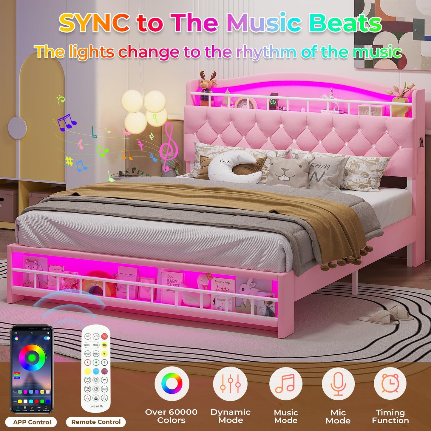 HAUOMS Full Bed Frame with LED Lights, Princess Velvet Upholstered Platform Bed for Girls, Headboard with Charging Station & Guardrail & Crystal Button, No Box Spring Needed, Pink