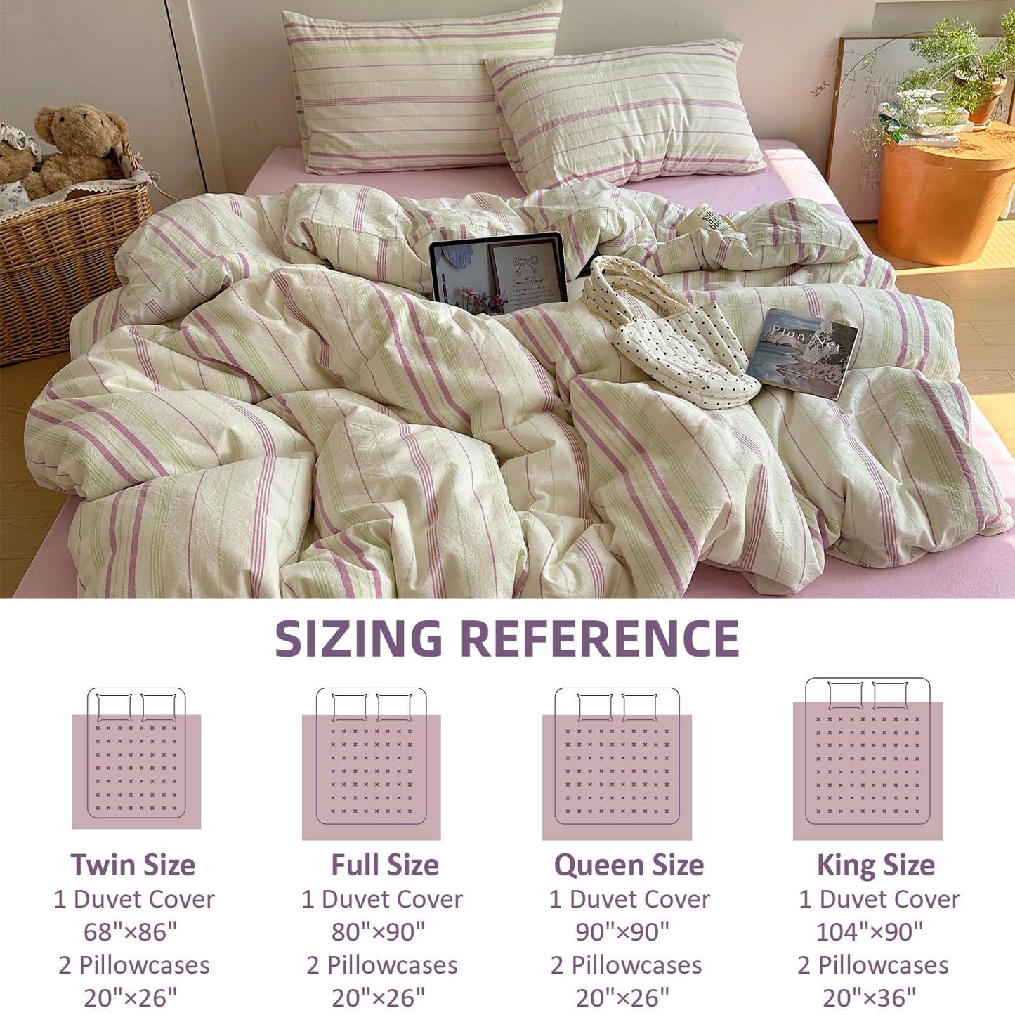 EAVD Retro Striped Duvet Cover Queen Size Soft 100% Cotton Green Purple Vertical Stripes Pattern Bedding Set with 2 Pillowcases Reversible Farmhouse Geometric Pattern Duvet Cover with Zipper